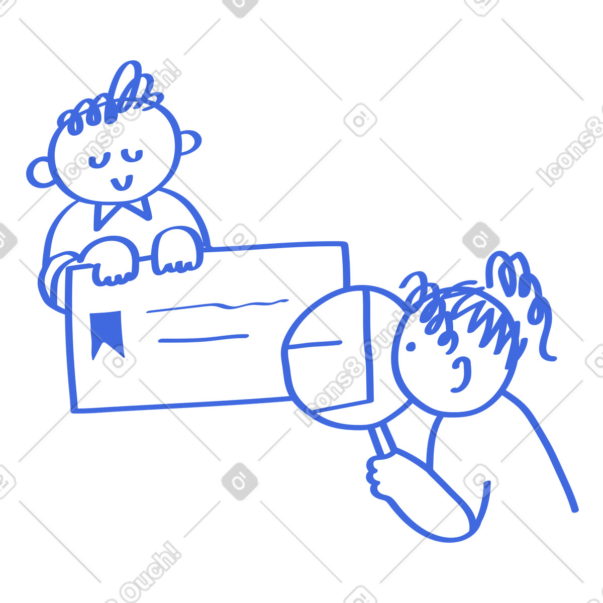 Иллюстрация Magnifying glass inspecting document held by child with bookmark symbol в стиле Ballpoint Pen — скачать в форматах PNG, SVG