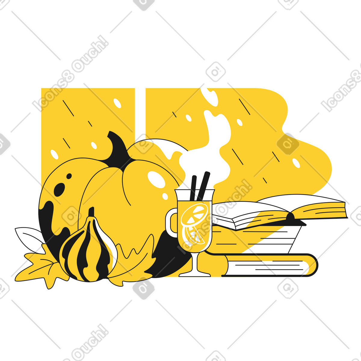 Ilustración Calabazas, libros, una bebida caliente y lluvia de otoño. en estilo Taxi a descargar en PNG SVG