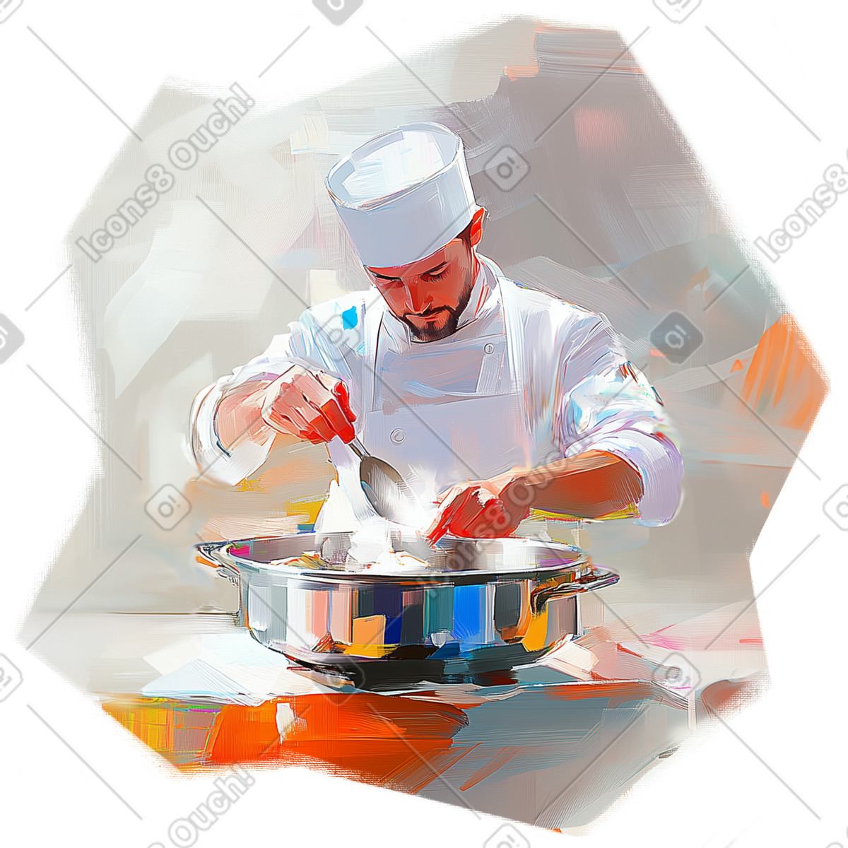 Dipinto ad olio raffigurante uno chef che cucina un piatto in una pentola grande illustrazione stile Pictorial scarica PNG, SVG