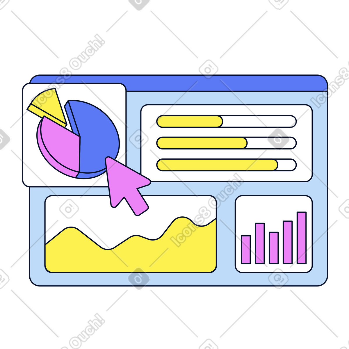 Graphs and pie chart on the dashboard illustration in PNG, SVG