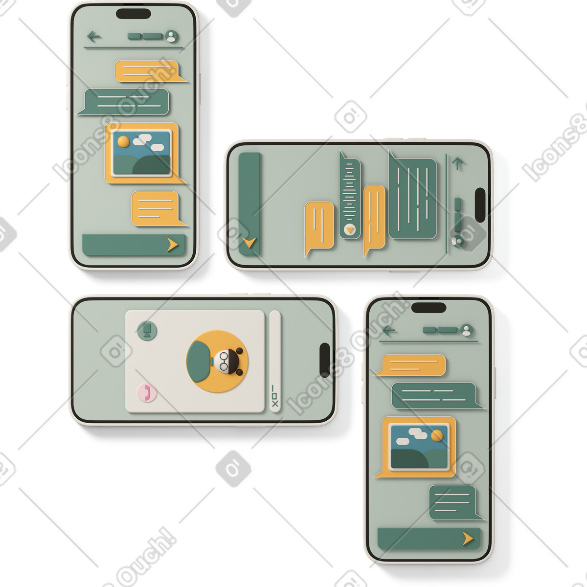 下载 3D Casual life 风格的 Top view of smartphones 插画，支持 PNG、SVG 格式