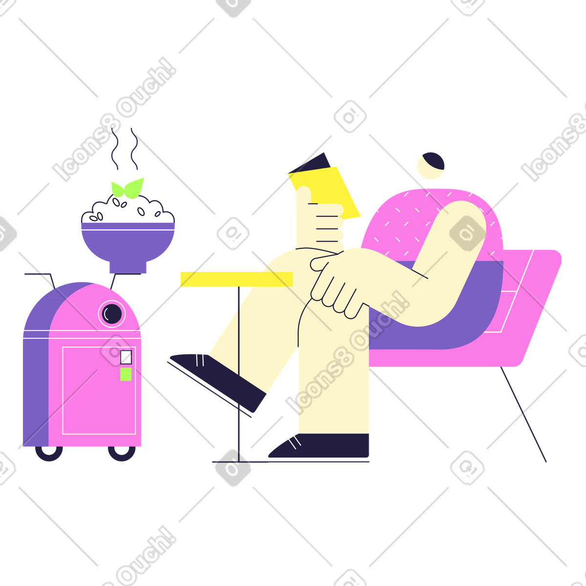Man sitting in cafe with robot waiter illustration Mellow style download PNG, SVG