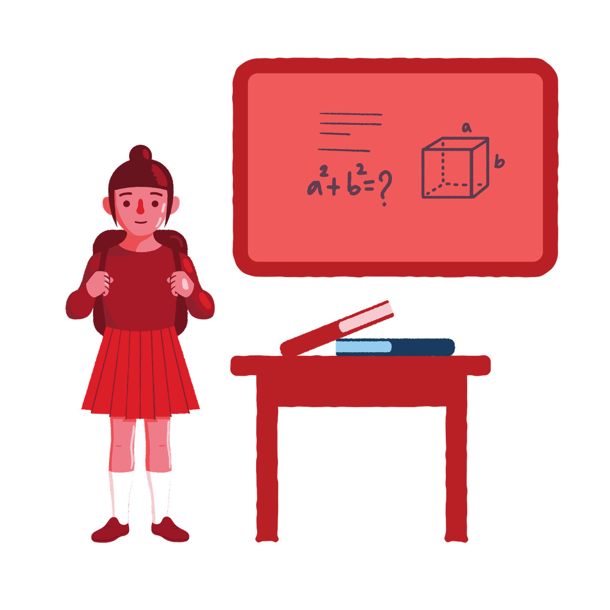 Student girl ready for studying, standing in math classroom illustration in Cherry style download in PNG, SVG