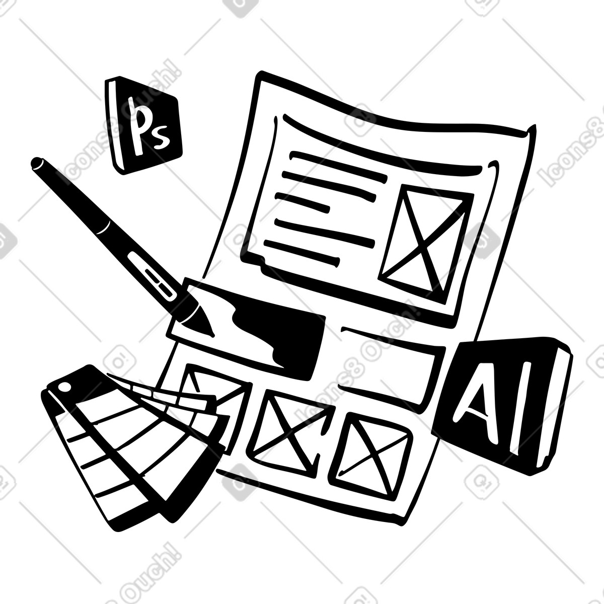 Illustration Mise en page, applications de conception, logos et outils dans le style Line à télécharger aux formats PNG, SVG