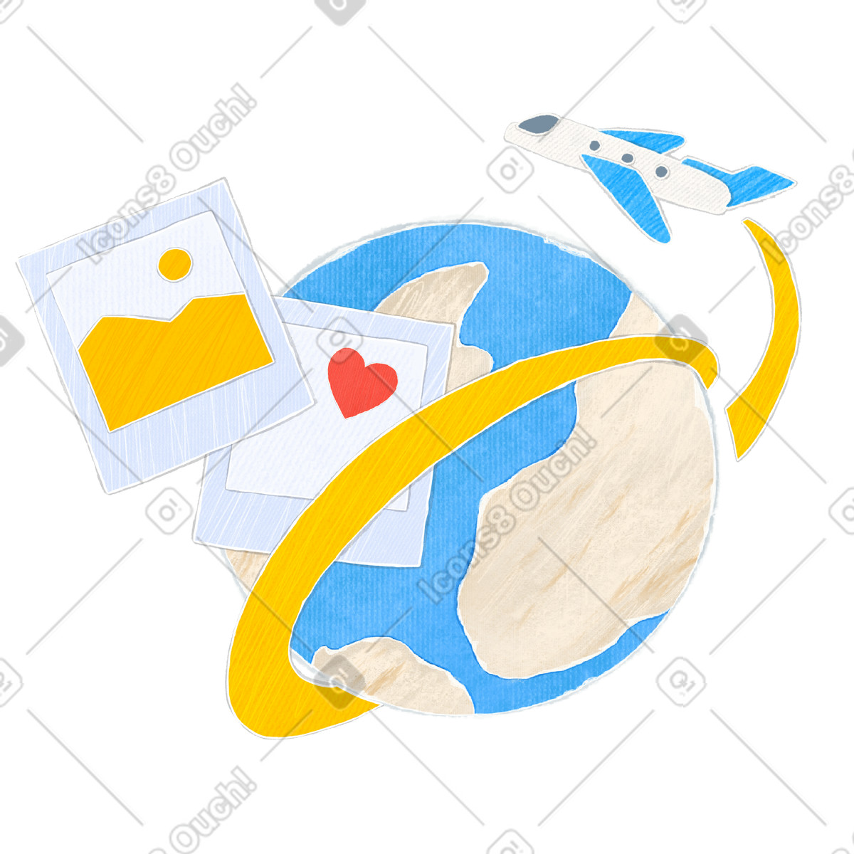 Traveling around our planet by plane and photographs from different places illustrazione in stile Crafty scarica in PNG, SVG
