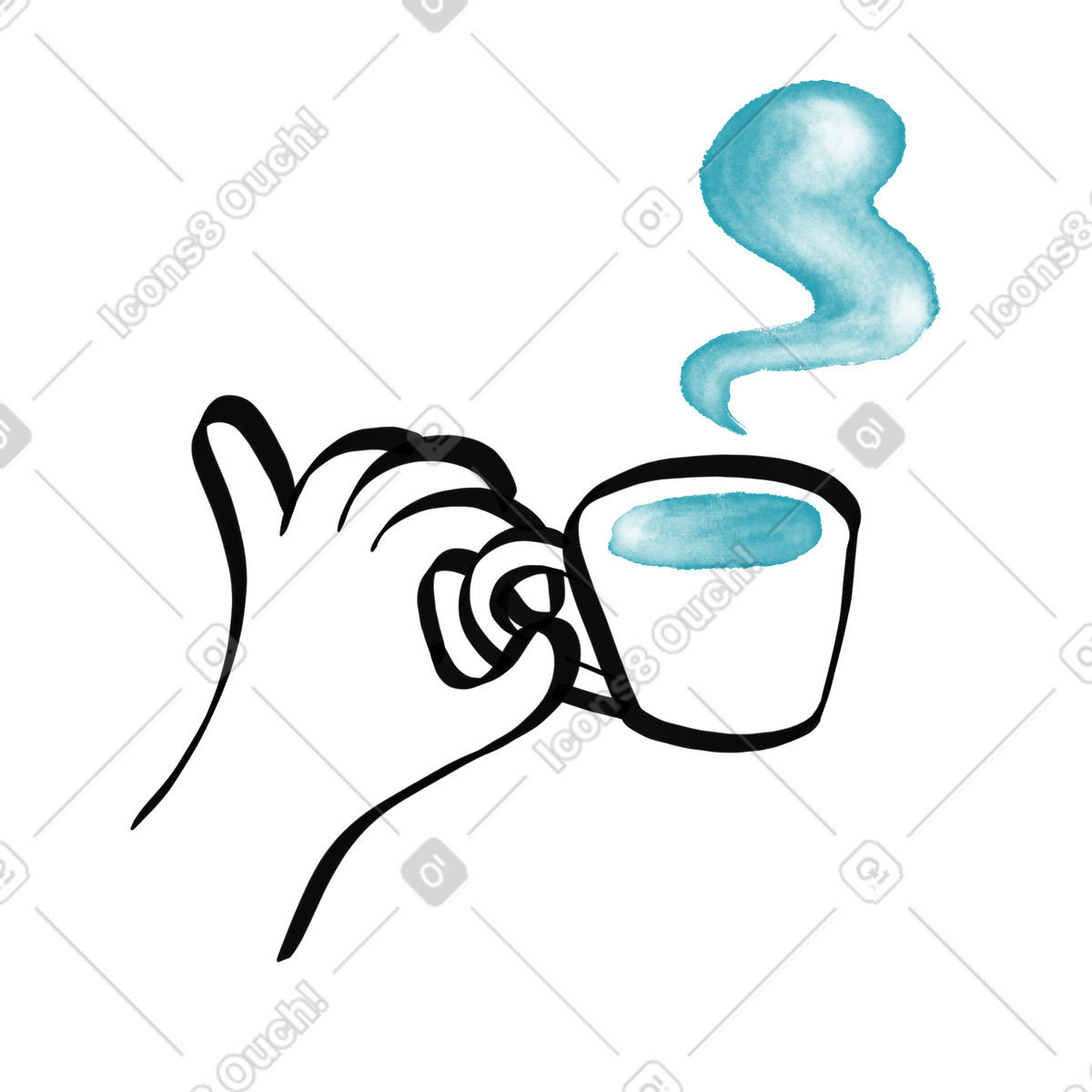 Morning coffee mug pinched by fingers with gentle blue steam illustrazione in stile Watercolor sketch scarica in PNG, SVG