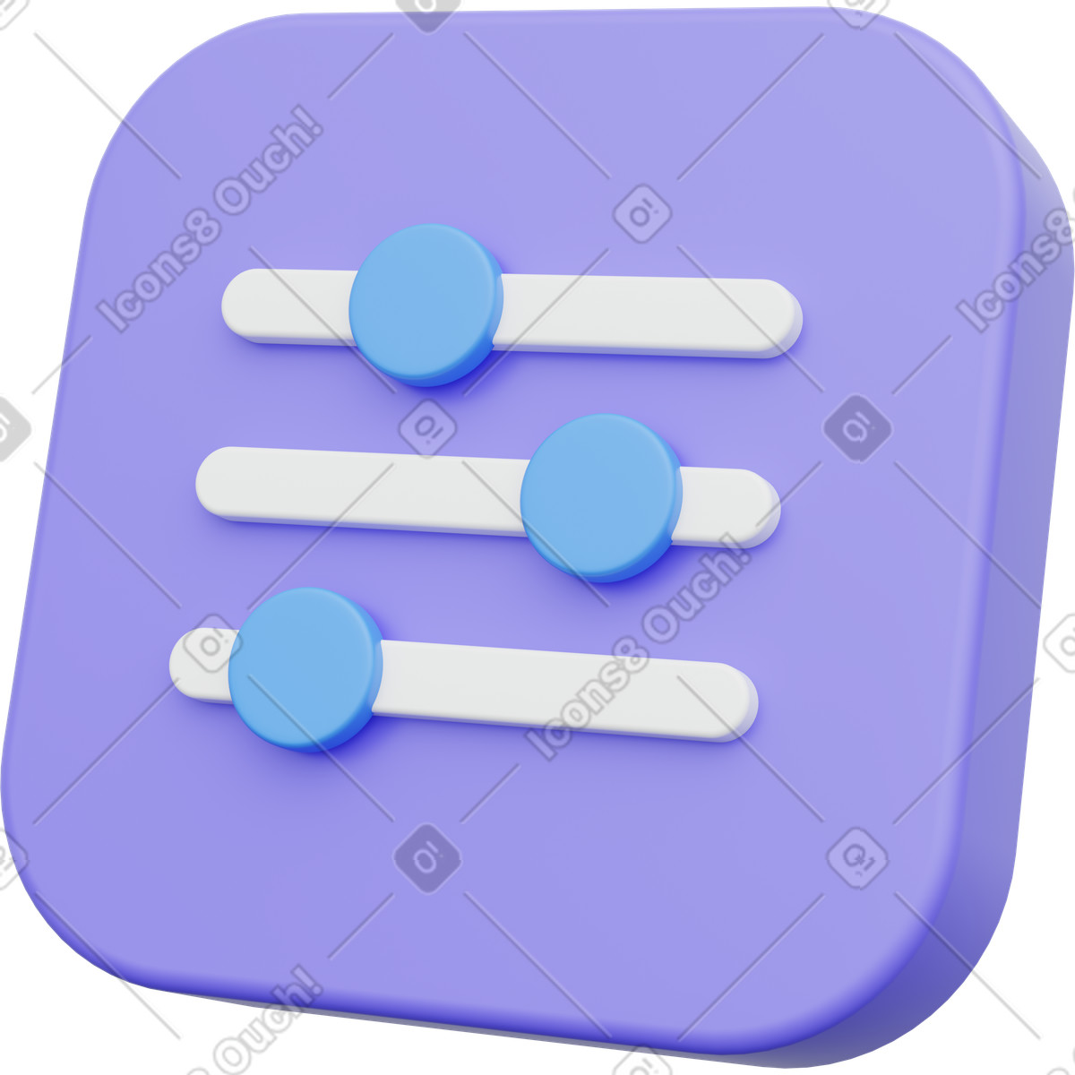 Icona delle impostazioni, app quadrata viola con cursori, menu opzioni illustrazione in stile 3D Playful scarica in PNG, SVG