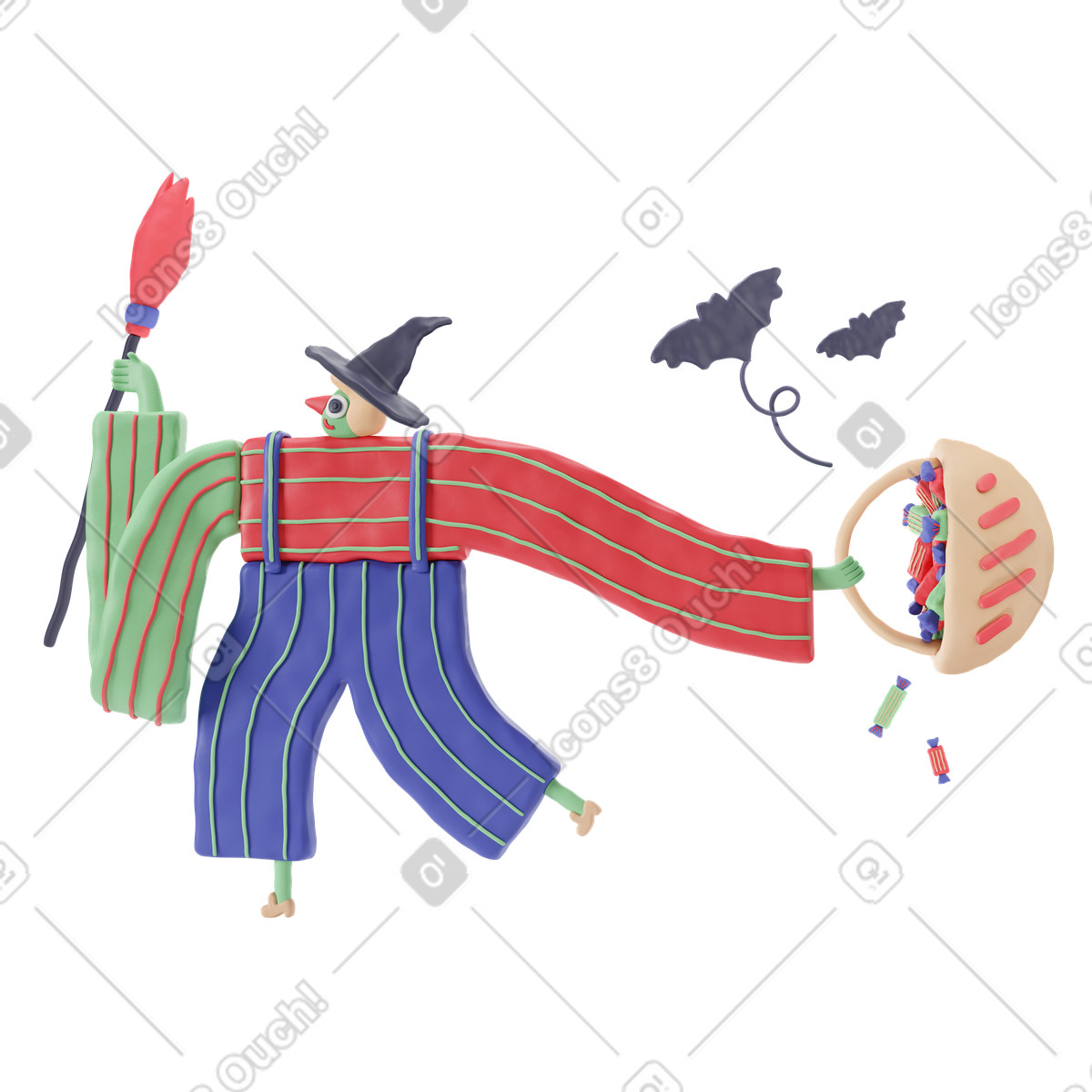 Uomo con un cappello da strega che fa jogging felicemente una scopa e cesto di dolci illustrazione in stile 3D Stripy scarica in PNG, SVG