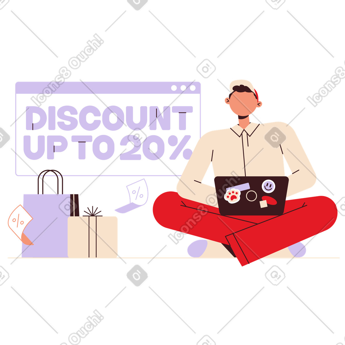 Folks スタイルの レタリング割引最大 20%、オンライン テキストをショッピングする男性 のイラストをPNG、SVG形式でダウンロード