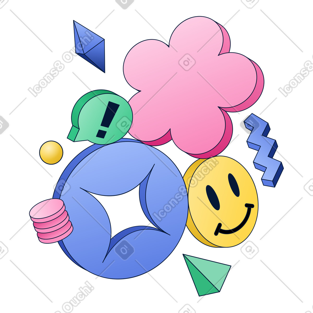 Colorful abstract shapes with smiley, creative communication and digital messaging illustration in PNG, SVG
