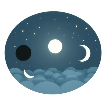 A night sky filled with various phases of the moon, transitioning from "new moon" to "full moon." The "new moon" is represented as a darkened circle, followed by the "waxing crescent" displaying a thin sliver of light. Next is the "first quarter," showing half of the moon illuminated, then the "waxing gibbous," where more than half is lit up. The "full moon" is fully illuminated, shining brightly in the center of the composition. Stars twinkle in the background, enhancing the serene atmosphere of the night sky.