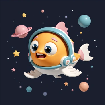 A cartoon fish with vibrant colors swimming in a space suit that has shiny silver and blue details. The fish has big, expressive eyes and a wide grin on its face. It is surrounded by various stars and planets of different sizes and colors, including a bright yellow star, a red planet with rings, and a blue-green planet. The background is a deep, dark space, enhancing the brightness of the stars and planets. The fish is playfully floating with its fins outstretched, enjoying its cosmic adventure.