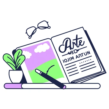 An elaborate illustration depicting a magazine layout for an art critique section. The foreground features an open magazine with two pages visible. On the left page, there is a detailed painting of a landscape with rolling hills and a cloudy sky. The right page showcases a prominent title reading "Art Critique" in bold, surrounded by smaller text highlighting the names of the artists and their works. A pen rests diagonally across the magazine, and in the background, a pair of glasses is placed on a wooden table. A small potted plant sits beside the magazine, adding a touch of greenery to the scene.