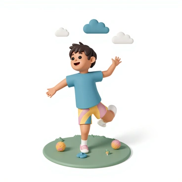 A cheerful child, wearing a bright blue t-shirt and colorful shorts, is on a soft green grass surface, imitating the bird-dog exercise. The child is balanced on one knee, extending one arm forward and the opposite leg backward. With a big smile on their face, they are looking sideways as if enjoying the challenge. Around them, there are vibrant toys scattered on the grass, and a few fluffy clouds can be seen in the blue sky above.
