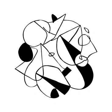 An arrangement of overlapping geometric shapes, including triangles, circles, and rectangles, created with intricate fine line work. The shapes vary in size and orientation, intertwining at various angles, forming a complex pattern. The lines are detailed and precise, creating a sense of depth and dimension within the composition.