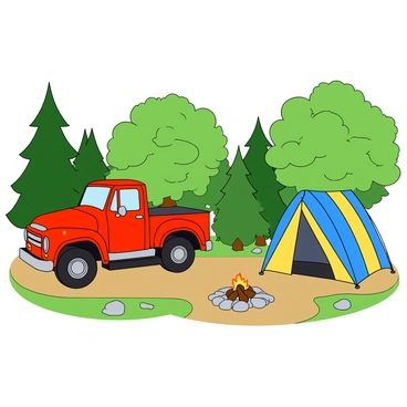A bright red truck with a shiny exterior is parked on a dirt path near a campsite. The truck has a sturdy bed and large wheels. Beside it, there is a colorful camping tent set up, featuring vibrant blue and yellow stripes. Surrounding the campsite, tall green trees stretch upwards, with thick foliage creating a lively atmosphere. The ground is covered in soft grass, and a few rocks are scattered nearby, providing a natural setting for outdoor activities. A small campfire ring, made of stones, is positioned a short distance away.