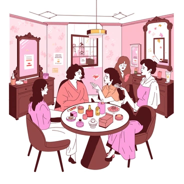 A vintage-themed salon features elegant wooden furniture and ornate mirrors. The walls are adorned with pastel-colored floral wallpaper, and soft lighting casts a warm glow throughout the space. In the center, a round table showcases a variety of beauty products, including colorful lipsticks, fragrant perfumes, and luxurious creams, inviting customers to explore and swap items. There are several customers, each showcasing vintage hairstyles and clothing, engaged in lively conversation over the beauty products. Some are holding up items to admire while others exchange smiles and recommendations.