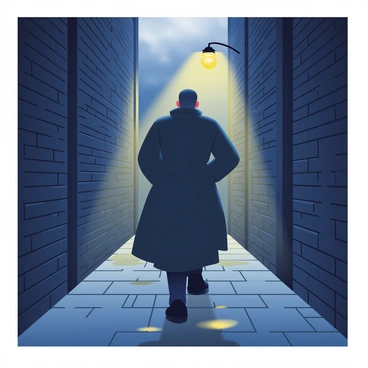 A shadowy figure stands in a dimly lit alleyway, partially obscured by darkness. The figure is dressed in a long coat that flutters slightly in the breeze. The alley is narrow, with brick walls on either side that are damp from recent rain. A flickering streetlamp casts a soft, uneven light, illuminating patches of the ground and creating elongated shadows. The cobblestone pathway is uneven, with puddles reflecting the yellowish glow of the lamp. In the background, a glimpse of a foggy night sky adds to the atmosphere.