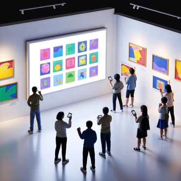 A modern art gallery filled with colorful abstract paintings displayed on white walls. In the center, a sleek digital screen showcases a collection of NFTs, each piece vibrant and eye-catching. There are small price tags next to each NFT displaying the amount in "Ethereum". The gallery is well-lit with spotlights highlighting the artworks, and there are several visitors admiring the pieces, some interacting with tablets to browse more information about the NFTs.