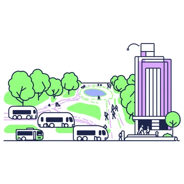 A conceptual illustration of a well-planned city with parks, roads, and public transport.