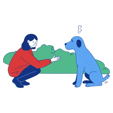 A blue dog with a slightly lowered head looks apprehensively at an approaching stranger. Its ears are perked up and furrowed brows indicate its concern. A red person crouches nearby, gently extending a hand towards the dog in a reassuring manner. The owner’s body language shows calmness, with a soft smile on their face. The stranger, dressed in a red jacket, is making slow movements to avoid startling the dog. The setting is a park with green grass in the background.