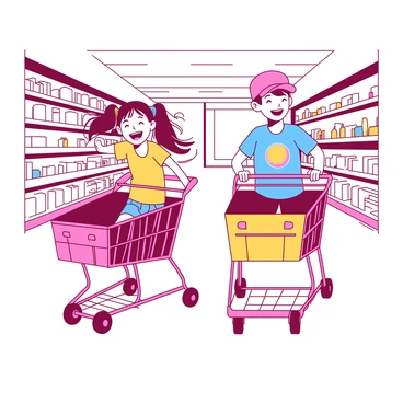 Two kids are racing side by side in bright shopping carts down an empty aisle. The first child, a girl with pigtails, is laughing joyfully as she leans forward, her cart slightly ahead. She is wearing a colorful t-shirt and denim shorts. The second child, a boy with a baseball cap, has a big smile on his face, pushing his cart with determination. He is dressed in a graphic t-shirt and shorts. The aisle is lined with neatly organized shelves filled with various products. The floor reflects the overhead lights, adding a shiny surface to the scene.