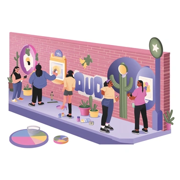 A vibrant street mural located on a brick wall in the heart of Austin. The mural features bold colors and intricate designs that represent the local culture, with motifs such as guitars, cacti, and abstract shapes. Several local artists are actively painting the mural; one artist is a woman with long black hair wearing a denim jacket, adding bright yellow details, while another artist, a man with short curly hair, is applying blue paint to another section of the mural. The street is lined with small trees, and passersby are observing the artists at work, with some taking pictures. Various colorful art supplies are scattered around, and a large paint palette rests on the ground. The atmosphere is lively, with a sense of community and creativity palpable in the scene.