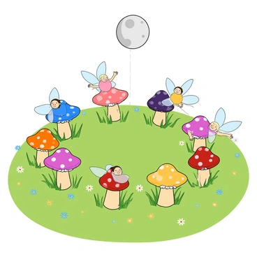 A circular fairy ring composed of small, vibrant mushrooms sits in the center of a lush green meadow. The meadow is covered with delicate wildflowers in various colors, adding a pop of brightness to the scene. In the ring, tiny fairies with translucent wings are dancing joyfully, their outfits shimmering in hues of blue, pink, and purple. The full moon hangs low in the sky, casting a gentle, silvery light over the entire scene. The fairies have distinct features, with sparkling eyes and playful smiles, as they twirl and flutter around each other. Soft blades of grass surround the ring, swaying slightly in a light breeze.