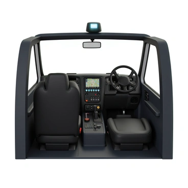 An emergency vehicle interior that features a driver's seat and a passenger seat, both equipped with black leather upholstery. The dashboard is dominated by a variety of communication equipment, including multiple radio units with glowing screens and dials. There are several buttons and switches in bright colors, along with a central touchscreen display showing maps and emergency information. The vehicle's steering wheel is designed for functionality, with additional controls mounted on it. The interior has overhead lights and a spotlight mounted on the roof, casting a focused beam forward. The overall color scheme includes dark gray and black, creating a serious and professional appearance.