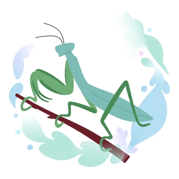 A green praying mantis is perched on a thin, slender branch. Its body is elongated, showcasing a textured surface that mimics the appearance of leaves. The mantis is surrounded by various shades of green foliage, creating a seamless camouflage effect. Sunlight filters through the leaves, casting soft shadows on the mantis and branch, highlighting the intricate details of its exoskeleton. Small droplets of moisture glisten on the leaves nearby, adding a fresh ambiance to the scene.