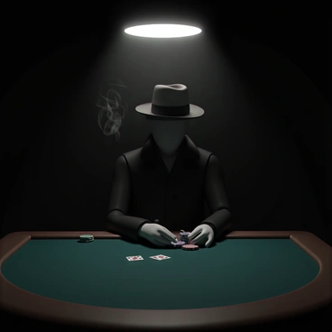 A shadowy figure, dressed in a dark trench coat and a wide-brimmed hat, is sitting alone at a deserted poker table. The figure has a blank expression, with a poker face that reveals no emotions. In one hand, the figure holds a cigarette, with wisps of smoke curling up into the air. The poker table is dimly lit, with a single overhead light casting a spotlight on the table's green felt surface, while the surrounding area remains shrouded in darkness. A few scattered playing cards and poker chips are placed in front of the figure, adding to the atmosphere of solitude and tension.