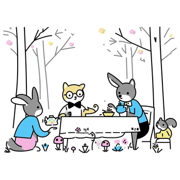 A whimsical forest with tall, slender trees and delicate leaves, creating a lush canopy overhead. In the center, various anthropomorphic animals are gathered around a vintage tablecloth spread on the grass. A rabbit in a blue jacket pours tea from a floral teapot, while a fox wearing glasses is seated and reaching for a scone. A bear in a bowtie holds a cup, smiling at a squirrel sitting on a chair, nibbling on a sandwich. Colorful flowers and mushrooms surround the scene, adding a touch of vibrancy to the peaceful atmosphere.