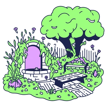 A hidden garden is located behind the "Frankenstein manor." The garden is filled with dense, overgrown foliage, including tall grasses and tangled vines that climb up the walls of the manor. In the center, there is a large stone fountain, partially obscured by moss, with water trickling down from its worn edges. Various plants, some with large leaves and others with delicate flowers, populate the area, creating a wild and untamed atmosphere. A cobblestone path winds through the garden, leading to a weathered wooden bench that sits beneath a sprawling tree. The air is thick with the scent of earth and greenery, giving the scene an enigmatic quality.