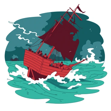 A red pirate ship with tattered black sails is being tossed about in a turbulent sea. Towering teal waves crash against the sides of the ship, sending sprays of water into the air. The sky is dark and ominous with swirling clouds, and flashes of lightning illuminate the scene. The crew is struggling to maintain balance on the deck, gripping onto ropes and masts as the ship is propelled forward by the force of the storm. In the distance, other waves loom, creating a dramatic backdrop to this chaotic maritime scene.