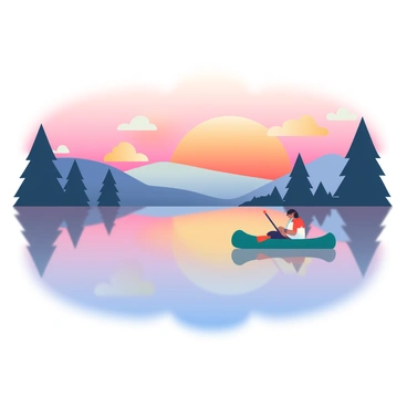 A calm lake is spread out, mirroring the colorful evening sky filled with hues of orange, pink, and purple. The water's surface is smooth and glass-like, creating a perfect reflection of the vibrant colors above. In the foreground, a lone canoe is gliding gently across the lake, with a person sitting inside, paddling softly. The surrounding landscape features trees with dark silhouettes framing the edges of the lake, enhancing the tranquil ambiance of the scene.