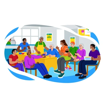 A diverse group of people of various ages and backgrounds is gathered inside a community center. There are elderly individuals sitting in a circle, engaged in conversation, while middle-aged people prepare refreshments at a table. Children are playing with toys in one corner, laughing and interacting with each other. The walls of the community center are decorated with colorful posters showcasing local events and activities. Bright light filters in through large windows, illuminating the lively atmosphere.