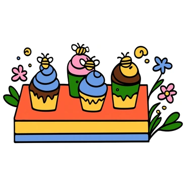 A tray of colorful cupcakes arranged neatly. Each cupcake has a swirl of frosting and is topped with small, edible bee decorations. The tray is placed on a bright tablecloth that adds a festive touch to the presentation. In the background, there are hints of flowers and greenery, enhancing the cheerful atmosphere for the event.