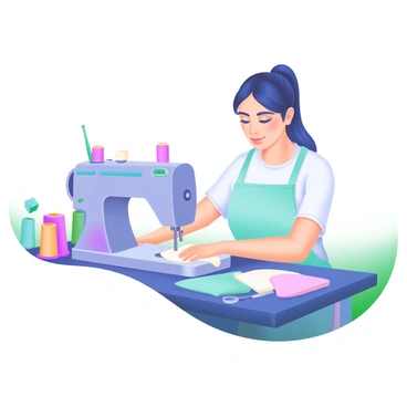 A seamstress sitting at a modern sewing machine, intensely focused on her task. She is wearing a light blue apron over a simple white shirt. The sewing machine is surrounded by colorful spools of thread in various hues, and neatly arranged pieces of fabric in pastel shades are laid out on the table. The seamstress has her hair tied back, and a pair of scissors rests next to her. A soft light illuminates the workspace, highlighting the details of her concentrated expression as she guides the fabric under the needle.