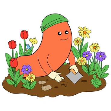 A large, friendly-looking colon character with two round eyes and a smiling mouth is kneeling in a vibrant garden. The colon character is wearing a small green gardening hat and has tiny gloves on its hands. It holds a small, colorful seed packet in one hand while using a tiny trowel with the other to dig small holes in the rich brown soil. Around it, the garden is bursting with various types of flowers, including red tulips, yellow daisies, and purple pansies, all swaying gently in a light breeze. Bright green leaves and stems are visible among the colorful blooms, creating a cheerful and lively atmosphere.