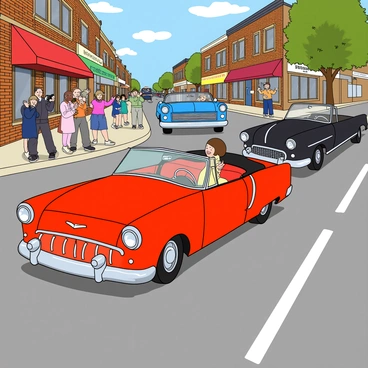A parade of classic vintage cars is driving down a nostalgic main street. The cars include a bright red convertible, a shiny blue coupe, and a sleek black sedan. Each vehicle features chrome accents and has a distinct vintage style. The street is lined with charming brick buildings, some with colorful awnings and nostalgic signage. A group of excited children is waving at the cars from the sidewalk, while a couple of adults stand nearby, holding cameras to capture the moment. The sun is shining brightly, casting lively shadows on the pavement.