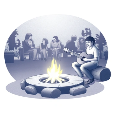 A guitarist is sitting on a log, strumming a guitar. The fire pit in front of him is surrounded by glowing embers and flames, casting light on his focused expression. In the background, several people are gathered, sitting on chairs and blankets, smiling and engaging in conversation. Some are leaning forward, captivated by the music, while others are relaxed, enjoying the warmth of the fire. The scene is set in a natural outdoor setting, with trees and a darkening sky framing the intimate gathering.