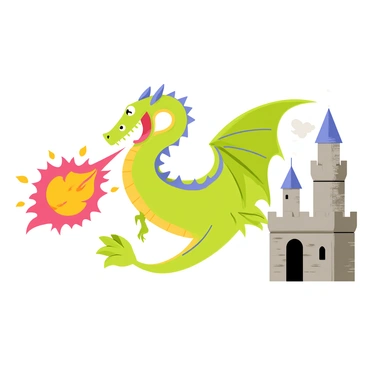 A fierce dragon with shimmering green scales and large, menacing wings is soaring through the sky. Its eyes glow with intensity as it unleashes a fiery fireball from its mouth. The fireball is bright orange and red, with flames swirling around it as it hurtles towards a tall stone castle in the background. The castle features tall towers and crenellations, with smoke rising from its battlements. The scene is dynamic, capturing the moment of the dragon's attack.