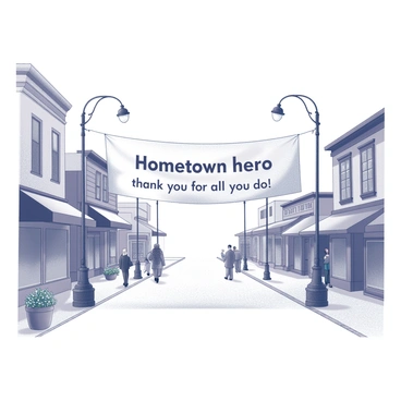 A small town street lined with charming buildings. The scene includes a variety of storefronts with distinct architectural features. A large banner hangs across the street between two lampposts, displaying the text "Hometown hero, thank you for all you do!" in bold letters. There are a few people walking along the sidewalk, some stopping to admire the banner. Planters with flowers are positioned near the buildings, adding to the inviting atmosphere of the street.