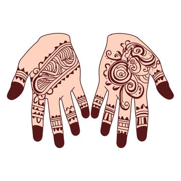 A close-up view of a groom's hands displaying intricate "mehendi" designs. The hands are positioned with palms facing up, showcasing detailed patterns of swirling vines, floral motifs, and geometric shapes. The designs are rich and elaborate, covering the entire surface of the hands and extending onto the wrists. The skin tone of the groom's hands contrasts with the deep "mehendi" coloring. The background is softly blurred to emphasize the hands and the ornate decorations.