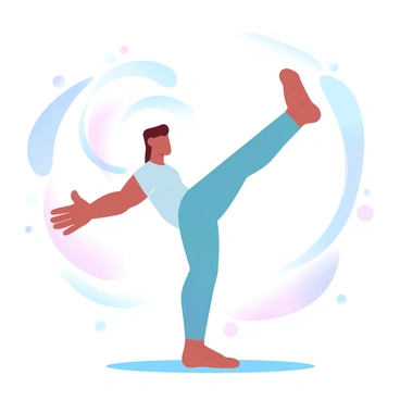 A person is standing on one leg, with the opposite leg lifted and moving in a circular motion to perform hip circles. The individual has a straight posture and is focusing on maintaining balance, with arms extended outward for stability. Surrounding them is a circular pattern representing the movement of the lifted leg, accentuating the circular motion. The background features a gradient of pastel colors that softly transition, creating a calm atmosphere. The floor beneath the person is smooth and flat, emphasizing the action of balancing on a single leg.
