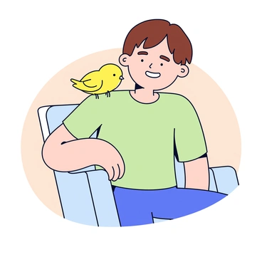 A person is sitting comfortably on a simple chair. They have short brown hair and are wearing a light green shirt. On their shoulder, a small fluffy bird with bright yellow feathers is nestled snugly, resting peacefully. The person's expression is relaxed as they look down at the bird with a gentle smile. The background features a soft, neutral color that highlights the scene.