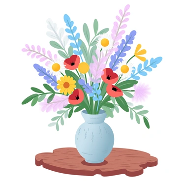 A vibrant bouquet of wildflowers is arranged in a rustic vase, which is made of rough clay. The table is made of weathered wood, showing its grain and texture. The wildflowers include a variety of colors, with some yellow daisies, purple lupines, and red poppies. The arrangement is bursting with life, with flowers at different heights and some leaves softly drooping. Sunlight casts gentle shadows on the surface of the wooden table, enhancing the warm tones of the wood and the vivid colors of the flowers.