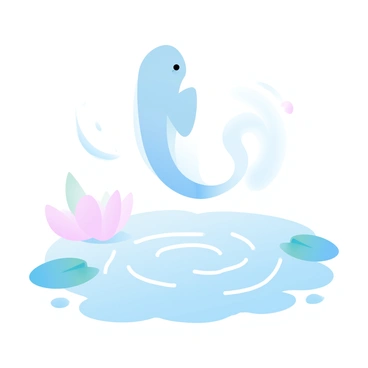 A tadpole is leaping out of the water, creating concentric ripples in the surface. The water is clear, reflecting soft shades of blue and green. The tadpole itself is small, with a smooth, shiny body. Nearby, lily pads float gently, adding to the serene environment. Sunlight filters through the surface of the water, casting gentle light patterns below.