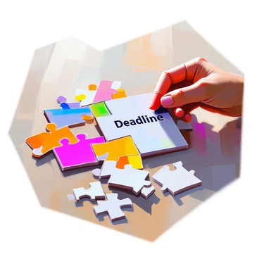 A large puzzle piece is being carefully positioned into a nearly completed puzzle. The piece has the word "Deadline" prominently printed on it. The surrounding pieces are vibrant and varied in colors, creating an intricate design. The setting is a wooden table, and scattered around are a few loose puzzle pieces, hinting at the completion of the overall picture. Soft light casts gentle shadows, adding depth to the scene.