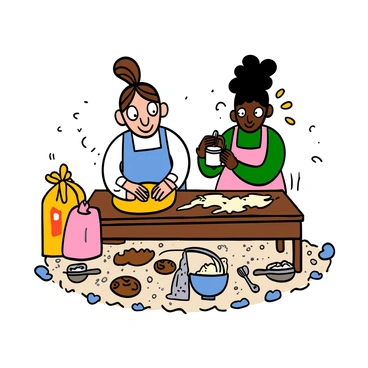 Beth and Meg are in a bright kitchen, surrounded by baking ingredients. Beth, a light-skinned woman with big eyes and brown hair tied back, is kneading dough on a wooden counter. She is wearing a light blue apron over a white shirt. Meg, a dark-skinned woman with big eyes and curly hair, is measuring flour with a cup, wearing a pink apron over a green top. Flour dust is visible in the air, creating a soft, textured look around them. There are scattered ingredients like a bag of flour, a bowl of dough, and baking utensils on the counter. The atmosphere reflects the joy of baking together.